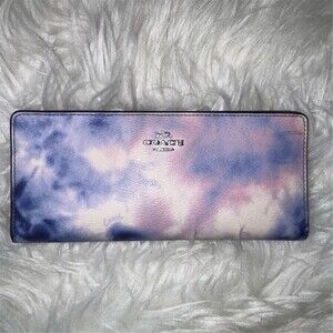 Coach Slim Checkbook Wallet Womens Tie Dye Multicolor Purple Snap Closure Chic